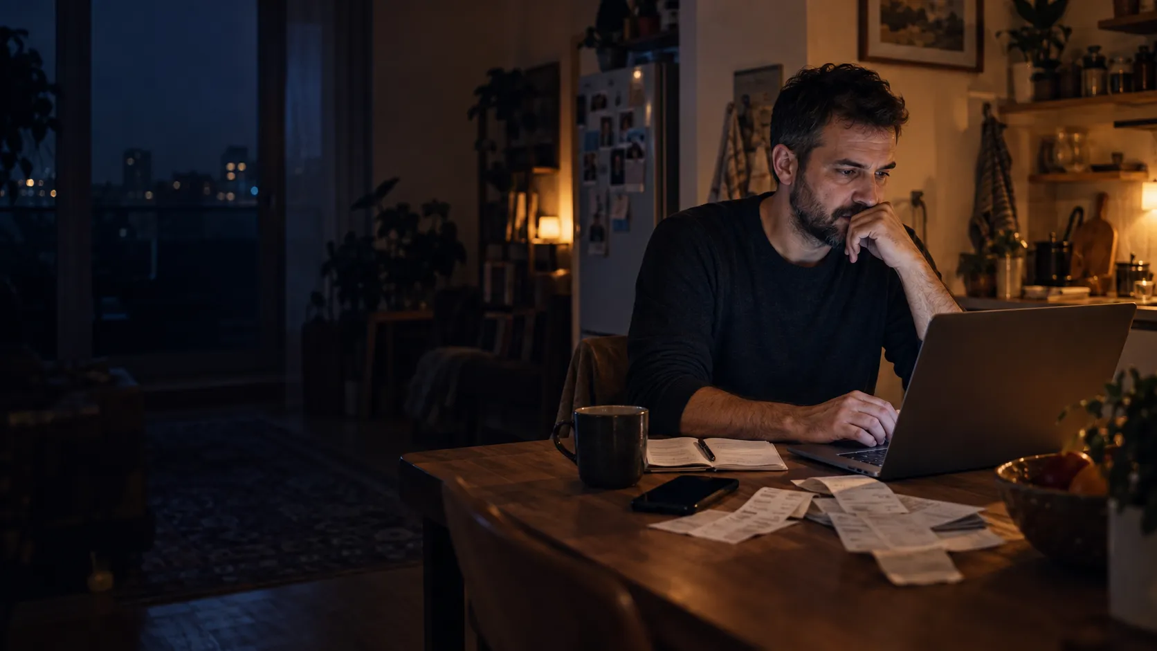 Vlasnik male firme radi za kuhinjskim stolom kasno uveče, sa računima pored laptopa.